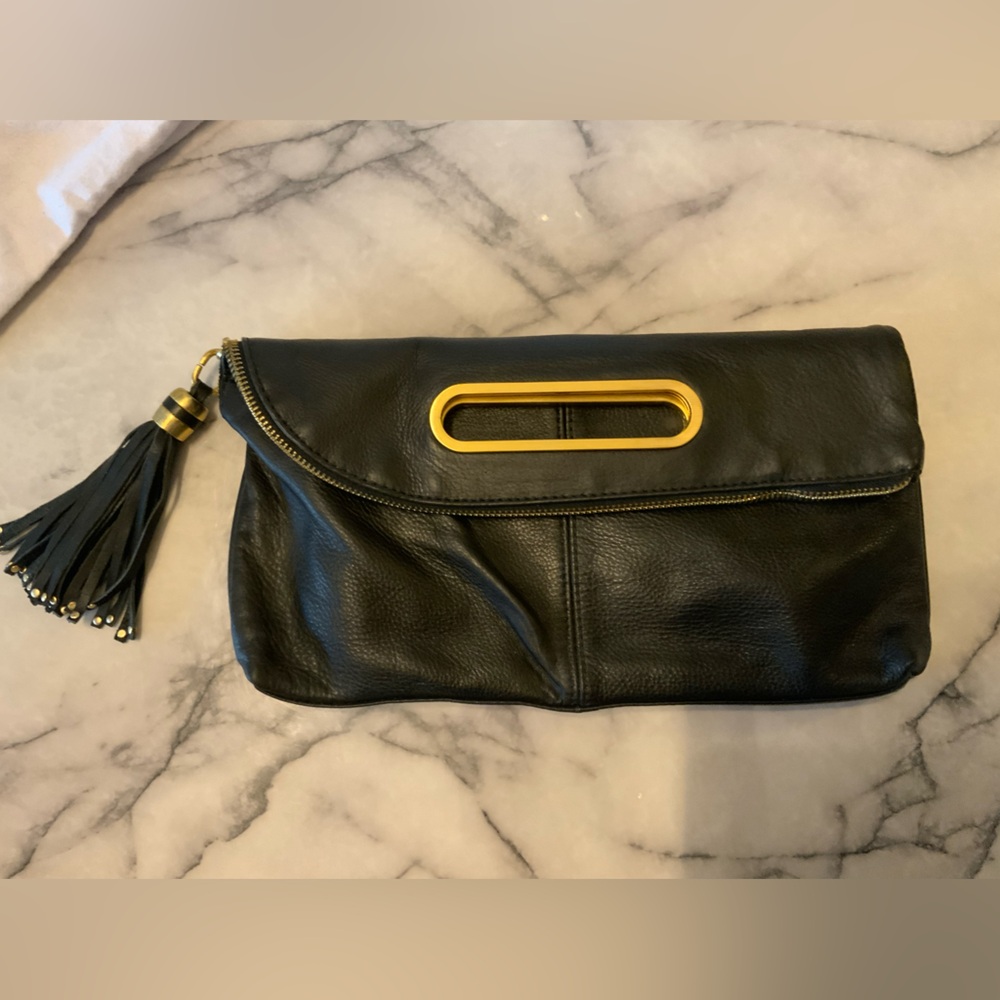 BCBGMaxAzria Black foldable Clutch ,tassel charm with Gold Details. - Picture 6 of 16